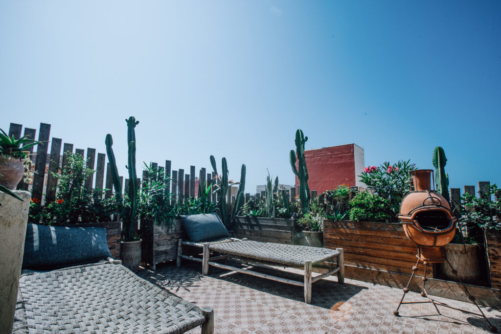 rooftop terrace with two sun loungers at anza surfhouse